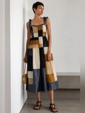 NEW Ulla Johnson Minerva Patchwork Midi Dress Blue Gold Sz 8 Editorial Soft Girl